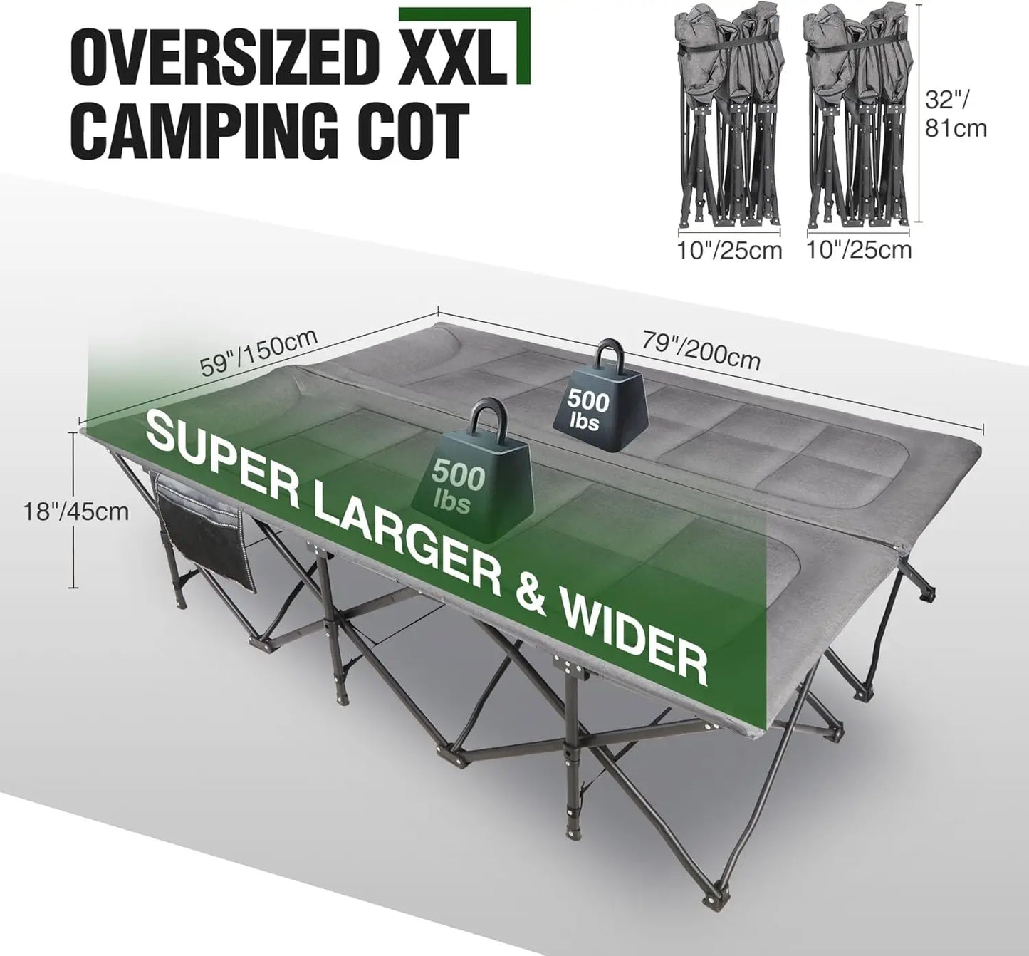 Extra Wide 2 Person Camping Cot, 59" Heavy Duty Sleeping Cot for Adults 500lbs, Portable Folding Double Cot for Indoor Outdoor