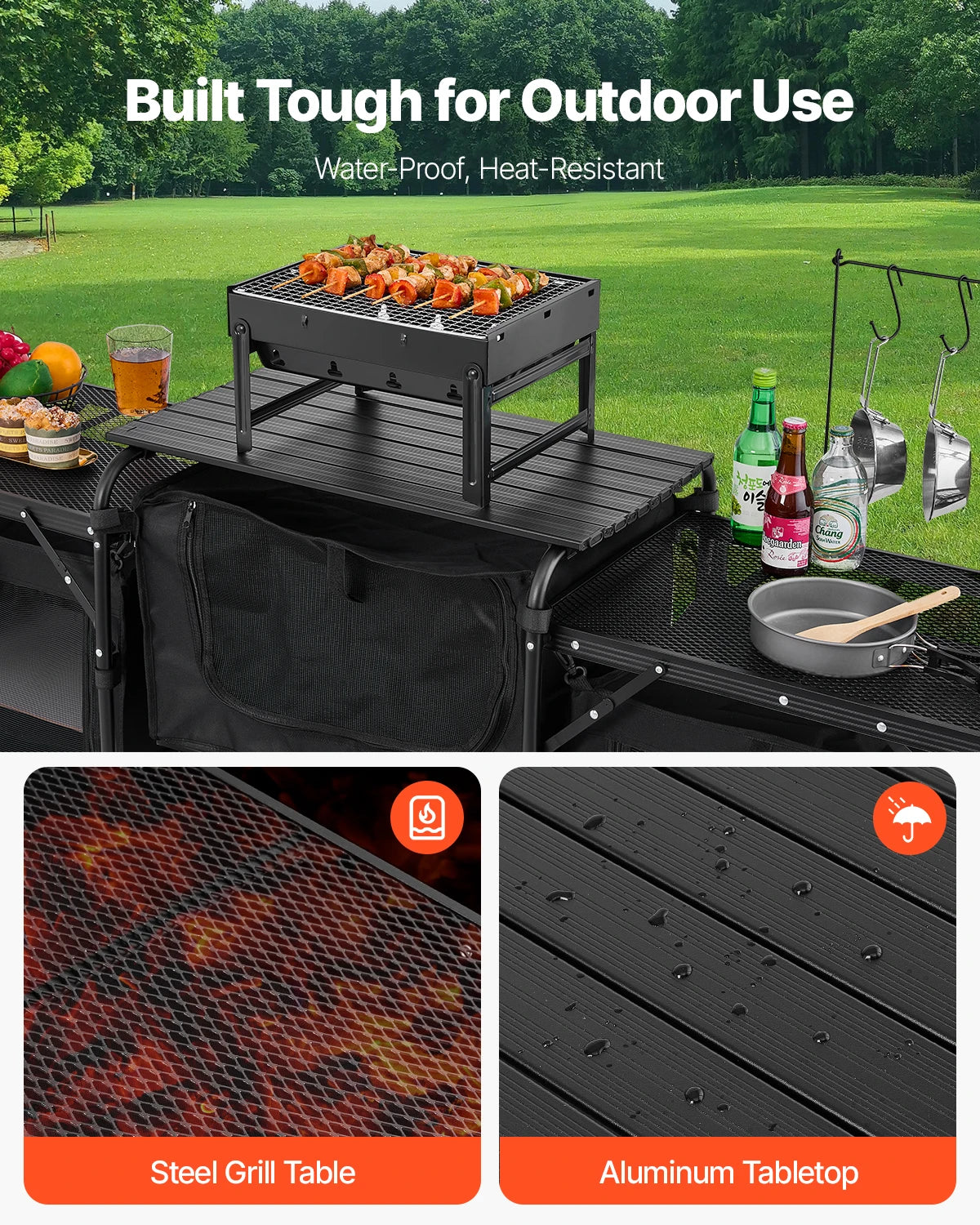 VEVOR Camping Kitchen Table Aluminum Portable Cook Station with 3 Storage Cupboard Carrying Bag Quick Set-up for BBQ Picnic