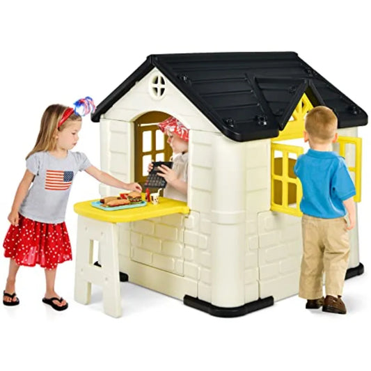 Outdoor Playhouse For Kids, Waterproof Yellow Plastic Cottage With Working Doors Windows, Includes Picnic Table, 7-Piece Toy Se