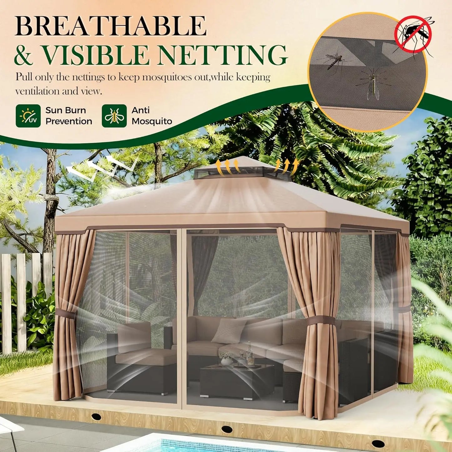 10x10 FT Outdoor Garden Gazebo Steel Vented Double Roof Canopy with Mosquito Netting for Backyard Lawn Party, Custom