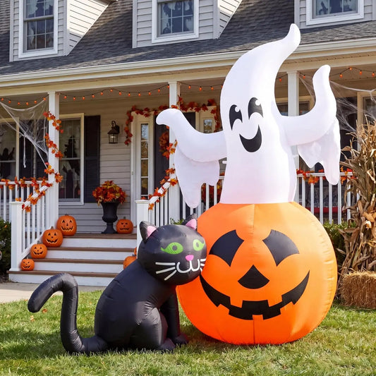 5FT Lighted Ghost on Pumpkin with Black Cat Halloween Inflatables Ghost Decorations Outdoor Decor Halloween Blow Up Yard Decorations for Outside Patio Lawn Party Indoor Decor