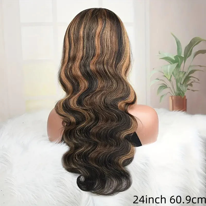 Wigs for Women for Halloween Featuring Ombre Brown Highlights, a Lace Front Made of Human Hair in Shades 1B/30, with a Body Wave Design. These 4X4 Ombre Brown Wigs Have a Natural Appearance, Elegant Style