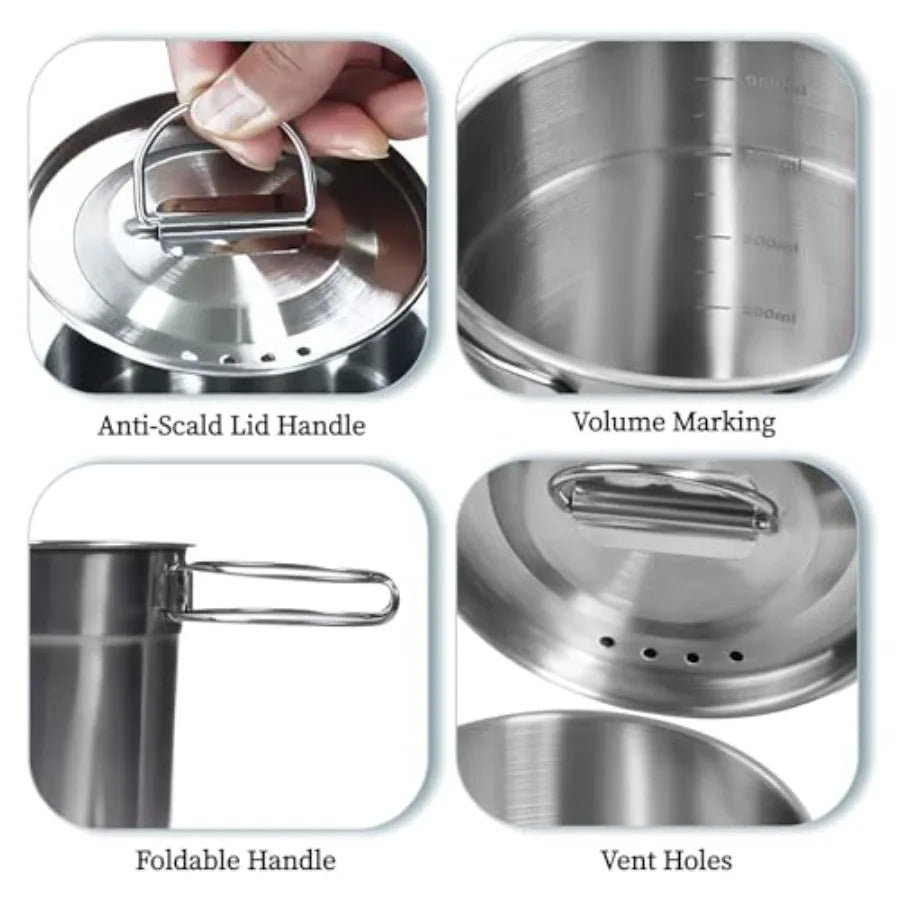Foldable Camping Cups Mugs Camping Pot Cookware 304-Food-Grade Outdoor Camp Cooking Set with Vented lid, Stainless Steel Backpa