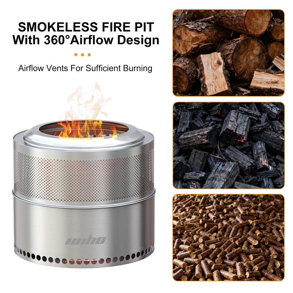 UNHO 19 Inch Smokeless Fire Pit for Outdoor Wood Burning,  Portable 304 Stainless Steel Camping Stove , Perforated  Fireplace