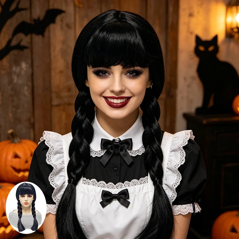 Black Synthetic Fiber Heat Resistant Low Shedding Cosplay Wig with Bangs Double Braids Side Long Hair Shiny Smooth Adjustable Cap for Women Girls Party Halloween Costume Role Play Stage Show Photo Shoot Daily Use