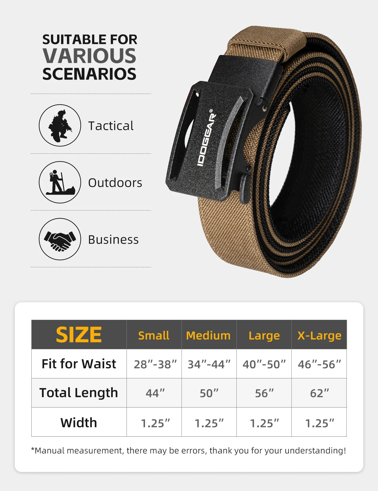 IDOGEAR Tactical Ratchet Belt 1.25” EDC Gun Belt Heavy-Duty Nylon CCW Belts with Quick-Adjust Buckle for IWB/OWB/AIWB Carry 3443