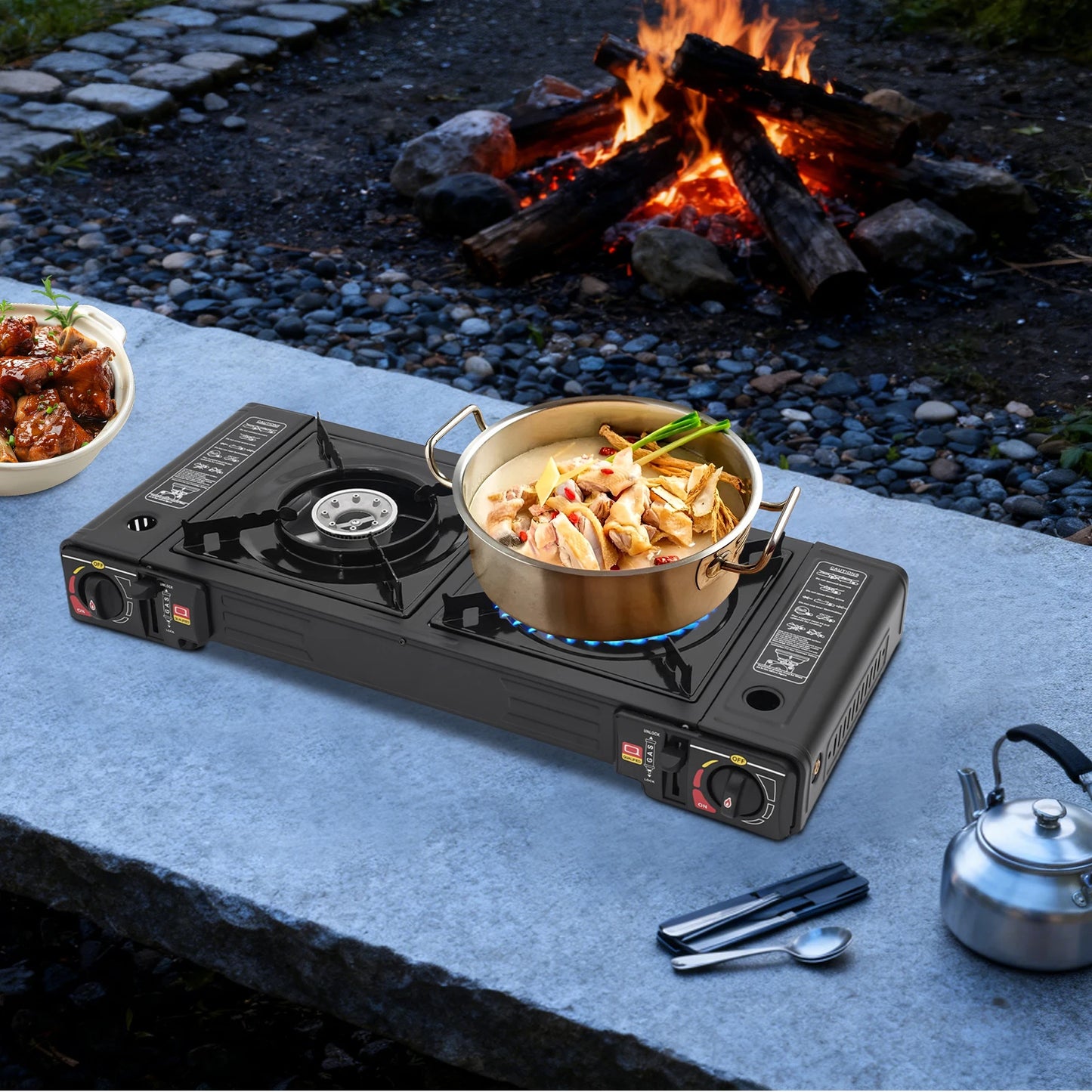 Portable Camping Stove 2 Burner 2500W Each Gas Cooktop Butane LPG Outdoor Picnic Cooking Tabletop Dual Control Overpressure Protection Lightweight Carry Case Fast Heating for RV Patio Hiking