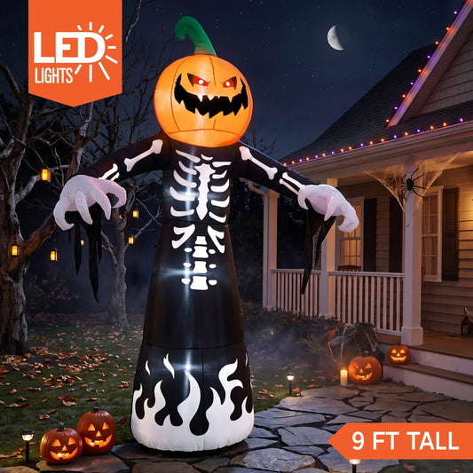 Joyfy 9 ft Halloween Inflatables Pumpkin Skeleton Decorations with Built-in LED Lights,Large Blow Up Decoration for Yard Lawn Garden Indoor Outdoor, Pumpkin Skeleton Inflatable Decoration