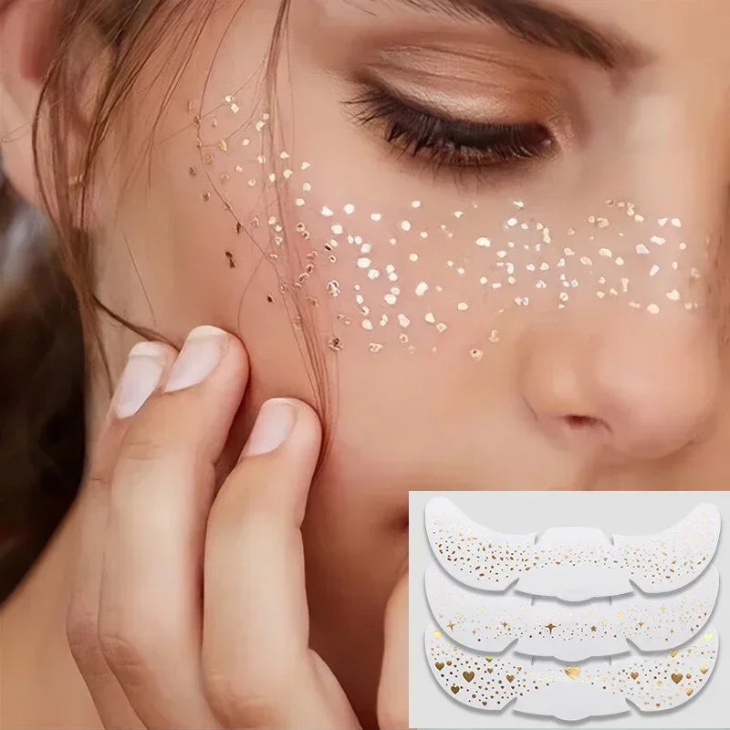 6 Sheets Hot Stamping Freckles Makeup Patches Glitter Gold Fake Freckles Temporary Tattoo Stickers for Dance Music Party Makeup