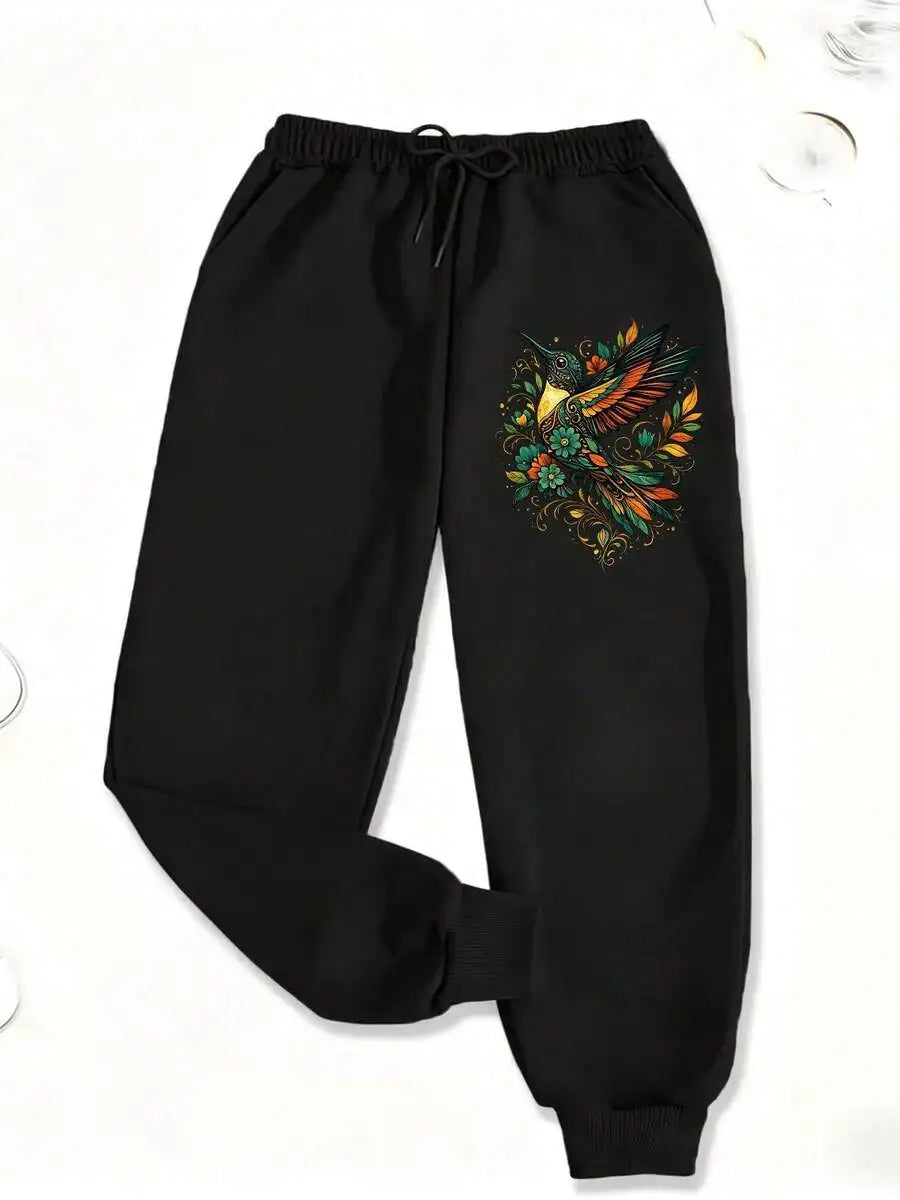 Women'S Artisan Hummingbird Garden Graphic Sweatpants, Fashionable And Commuting, Daily Outfit, Casual Yet Appropriate, Old