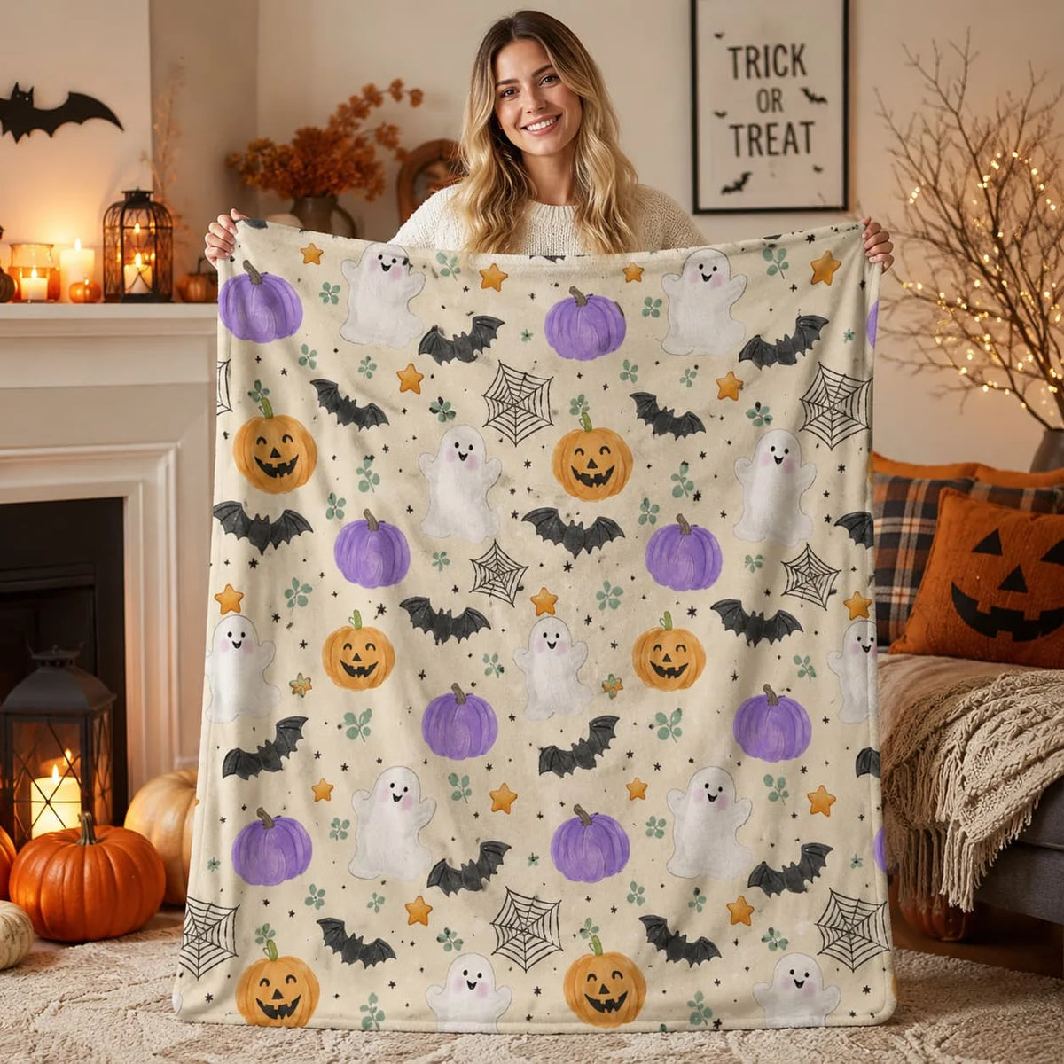 Halloween Ghost Pumpkin Bat Doodle Fleece Blanket, Cute Spooky Autumn Throw, Cozy Fall Purple Orange Black Blanket, Seasonal Home Décor