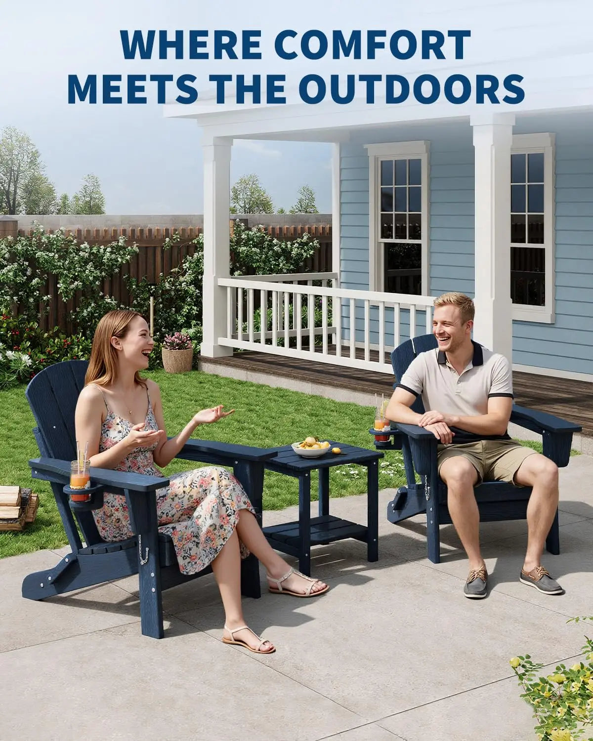 1 PC Folding Adirondack Chair, All-Weather HDPE Outdoor Chair, Wooden Textured with Cup Holder for patios, Decks, Gardens, Fire Pits