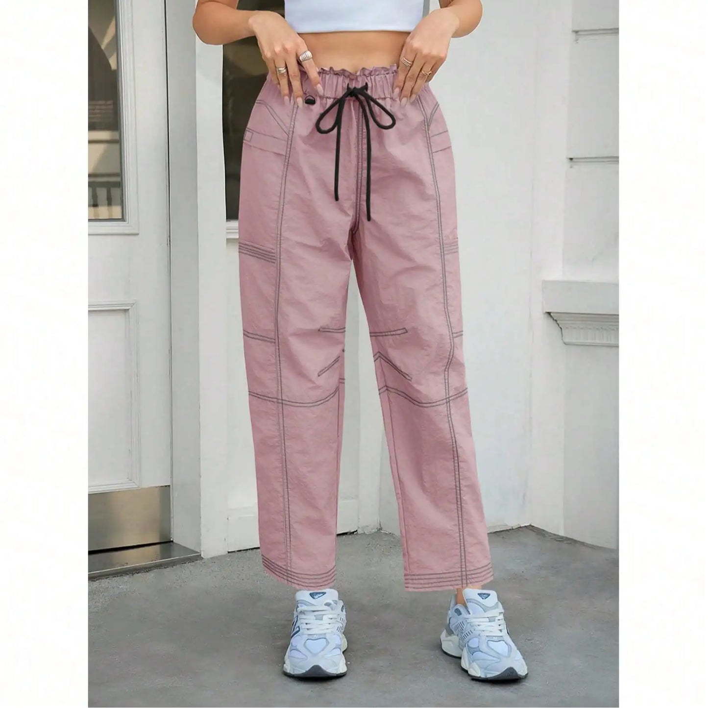 Women's Baggy Cargo Joggers With Pockets - Elastic Waist Lounge Pants  Loose Fit Casual Streetwear Sweatpants Hiking Track Pants