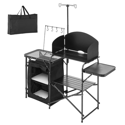 SucceBuy Camping Kitchen Table Folding Camp Cook Station Aluminum Portable Cook Station with Cupboard, Carrying Bag Windscreen