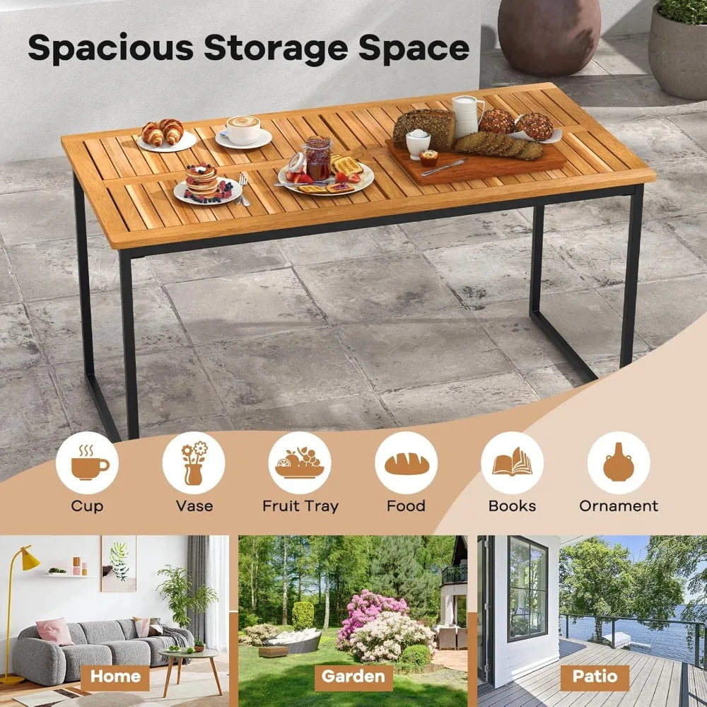 Patio Acacia Wood Dining Table for 6 Person, 55 Inches Rectangle Outdoor Table with Heavy Duty Metal Legs