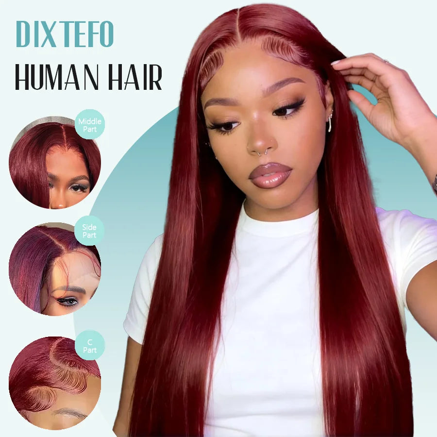 Bone Straight 99J 200% Density 40 Inches 13x6 13x4 HD Transparent Lace Frontal Wig Human Hair Wigs Burgundy Wine Red Pre Plucked For Women Brazilian Hair  Halloween Wig