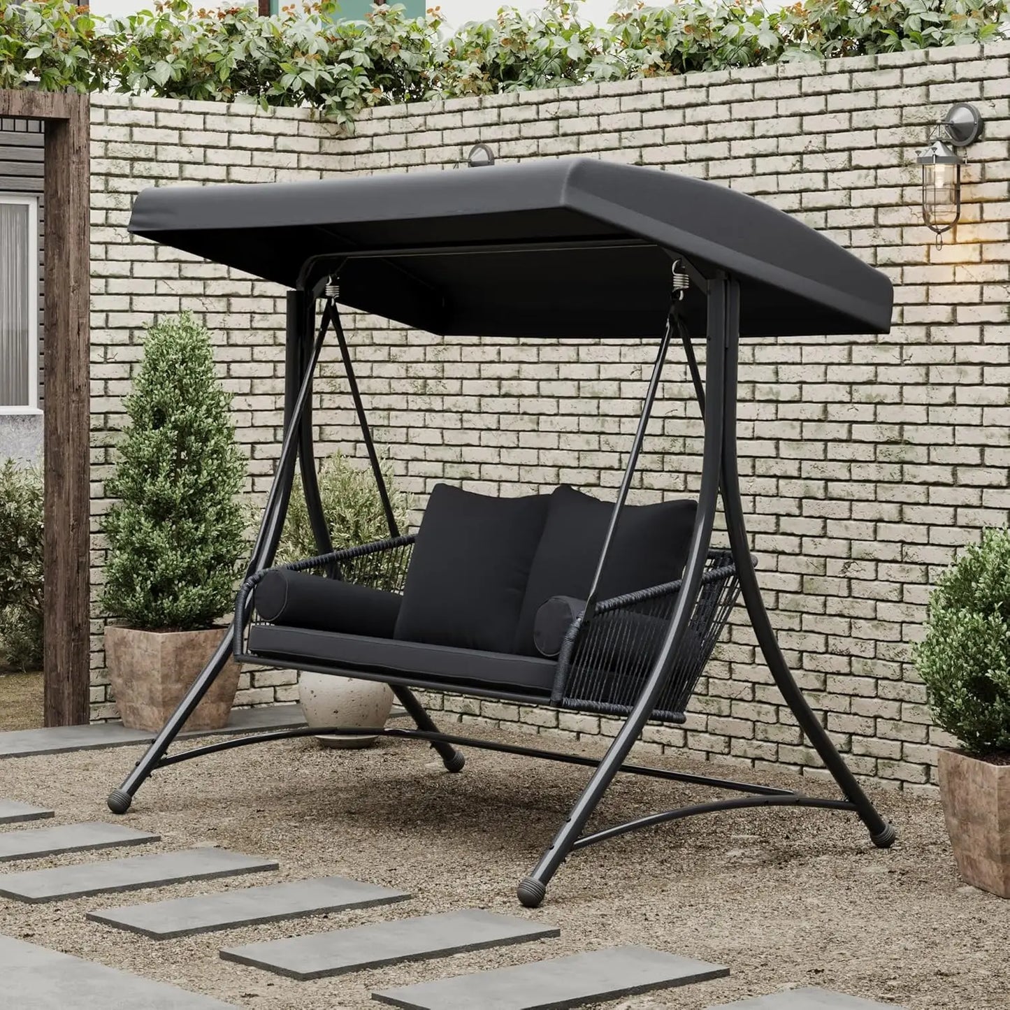 Ramona Premium Patio Swing with Canopy Stand - Black Outdoor Canopy Swing with Cushions, Customized