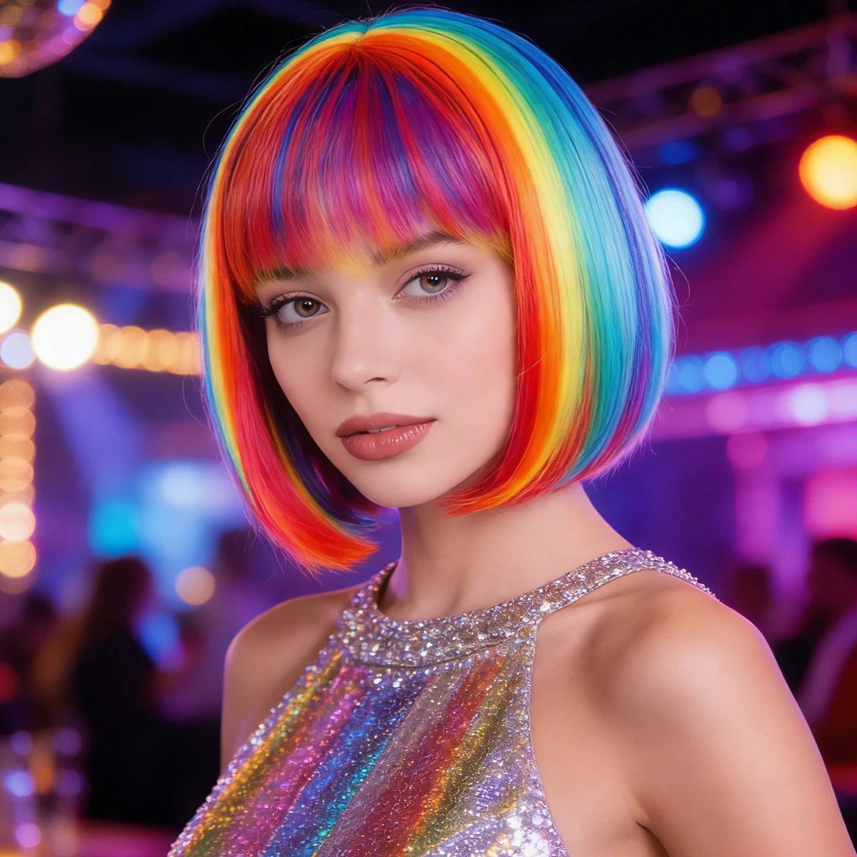 Rainbow Bob Wig Synthetic Short Straight Bangs Multi Color Cosplay Costume Wig Halloween Party Carnival Pride Parade Anime
