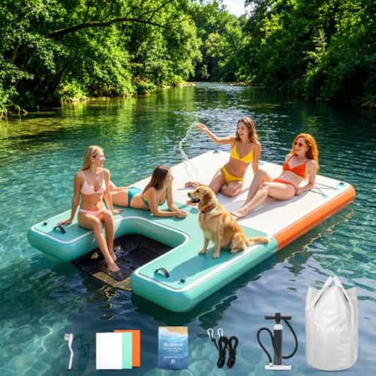 Inflatable Floating Dock for lakes, pools, boats, oceans; PVC material, gray; anti-slip surface, supports 4-6 people, easy wate