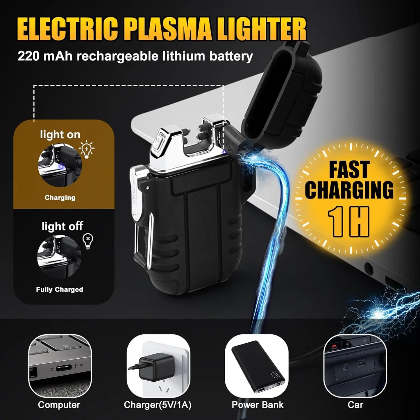 Windproof USB Rechargeable Plasma Lighter, Waterproof Flameless for Camping Hiking Survival Gifts
