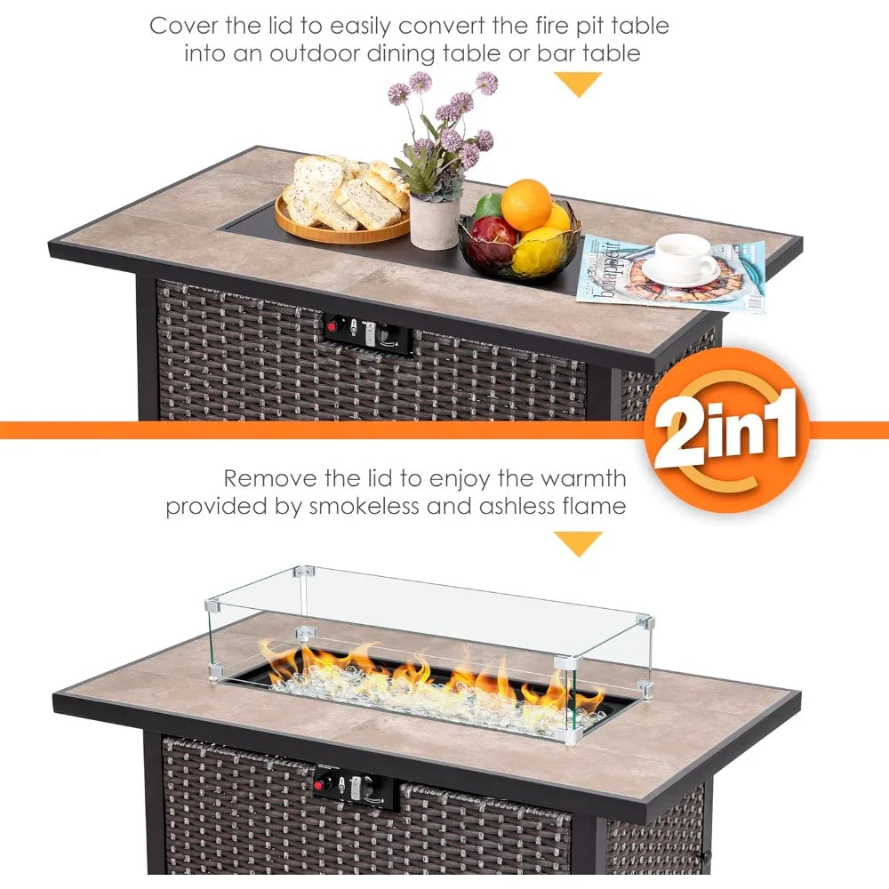 Nuu Garden Outdoor 43" 50,000 BTU Propane Gas Fire Pit Table, Ceramic Tabletop and Rattan Weaved Iron Frame, Water-Proof Oxford