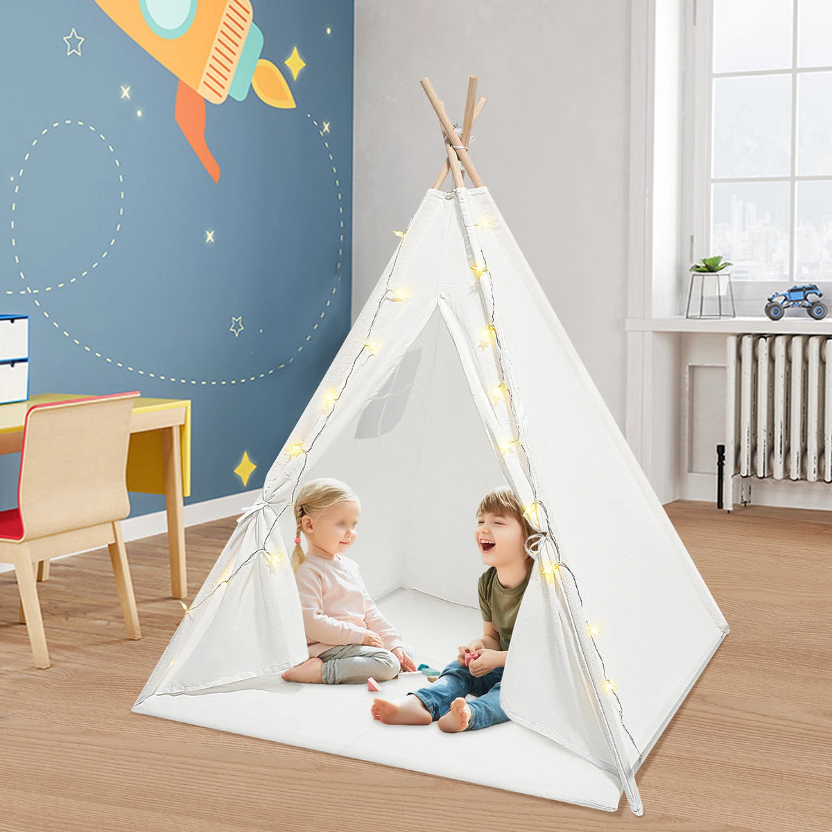 Kids Teepee Play Tent Set, 120120140cm White Cotton Linen 160cm Wood Poles Star Light Mat Assembly Accessories, Foldable Window Curtain Washable Tear-proof Cloth Stable Frame, Bedroom Reading Nook Birthday Indoor Picnic Decor