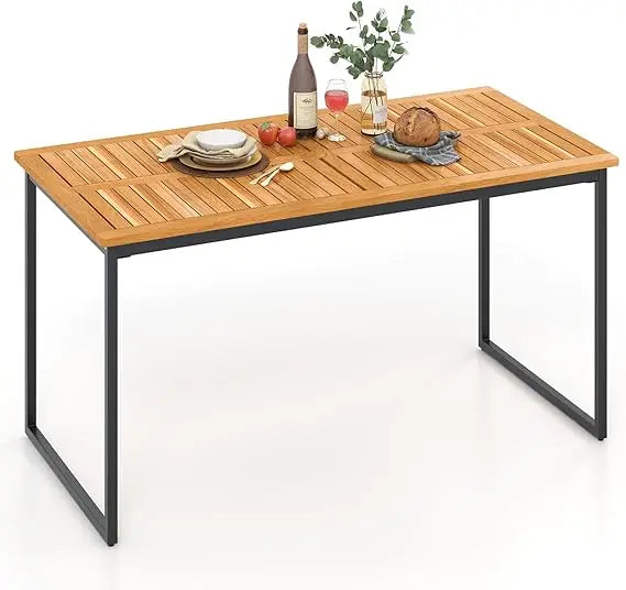 Patio Acacia Wood Dining Table for 6 Person, 55 Inches Rectangle Outdoor Table with Heavy Duty Metal Legs