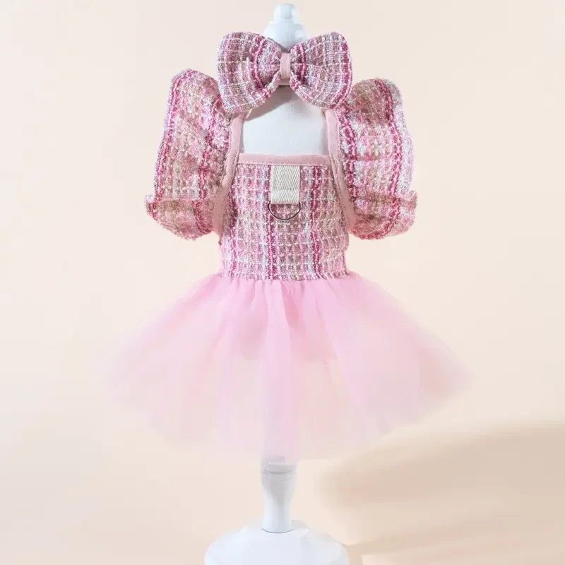 Cute Fashion Print Pet Dress with Bow, Plaid Pet Costume, Elastic Mesh Princess Dress, Puppy Cat, Complete Set, Puppy Clothes