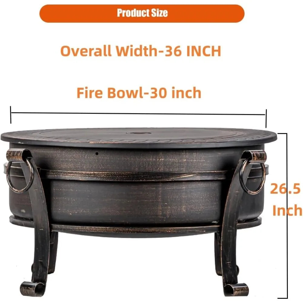 36 Inch Fire Pit with Grill & Lid, Fireplace & Round Table & BBQ 3 in 1 Fire Pit, Heavy Duty Wood Burning Fire Pits