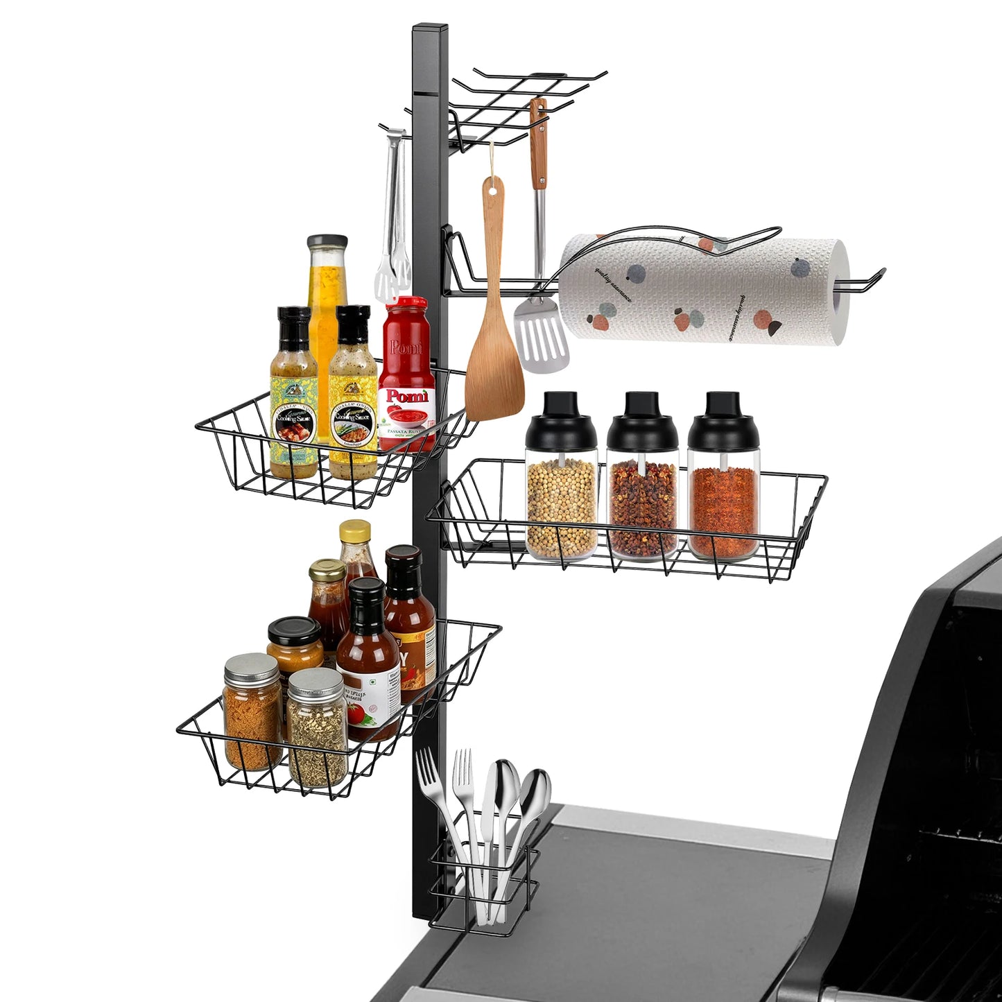 Griddle Stand Grill Rack with Towel Holder 3 Condiment Bins Utensil Hooks Stainless Steel BBQ Organizer for Outdoor Camping Kitchen