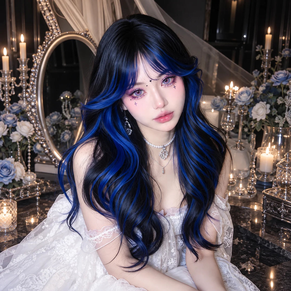 Halloween Wig 26-Inch Long Wavy Synthetic Wig Black and Blue Highlights Heat Resistant Wig for Women Black Wig with Blue Highlights Chemical Fiber Hair with Bangs Face Framing Cosplay Costume Party Goth Anime Daily Wear Soft