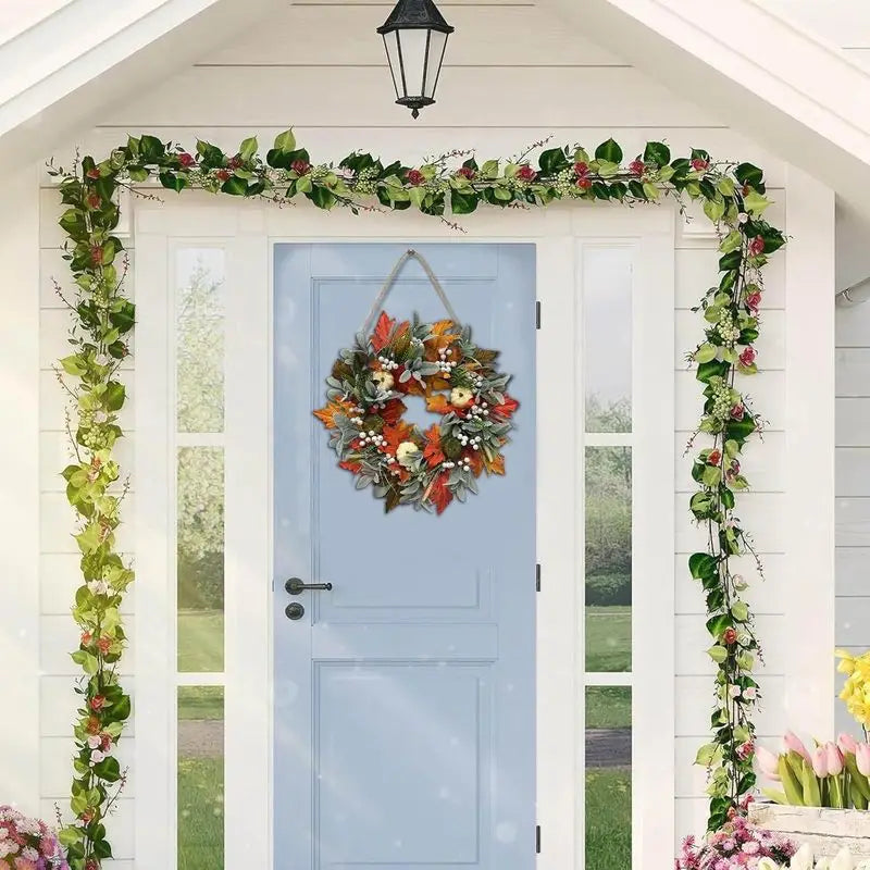 Fall Wreaths for Front Door,Thanksgiving Autumn Door Wreath with Maple Leaf,Pumpkin,Berries and Green Leaves,Pumpkin Fall Leaves Wreaths for Front Door,Wall and Fireplace