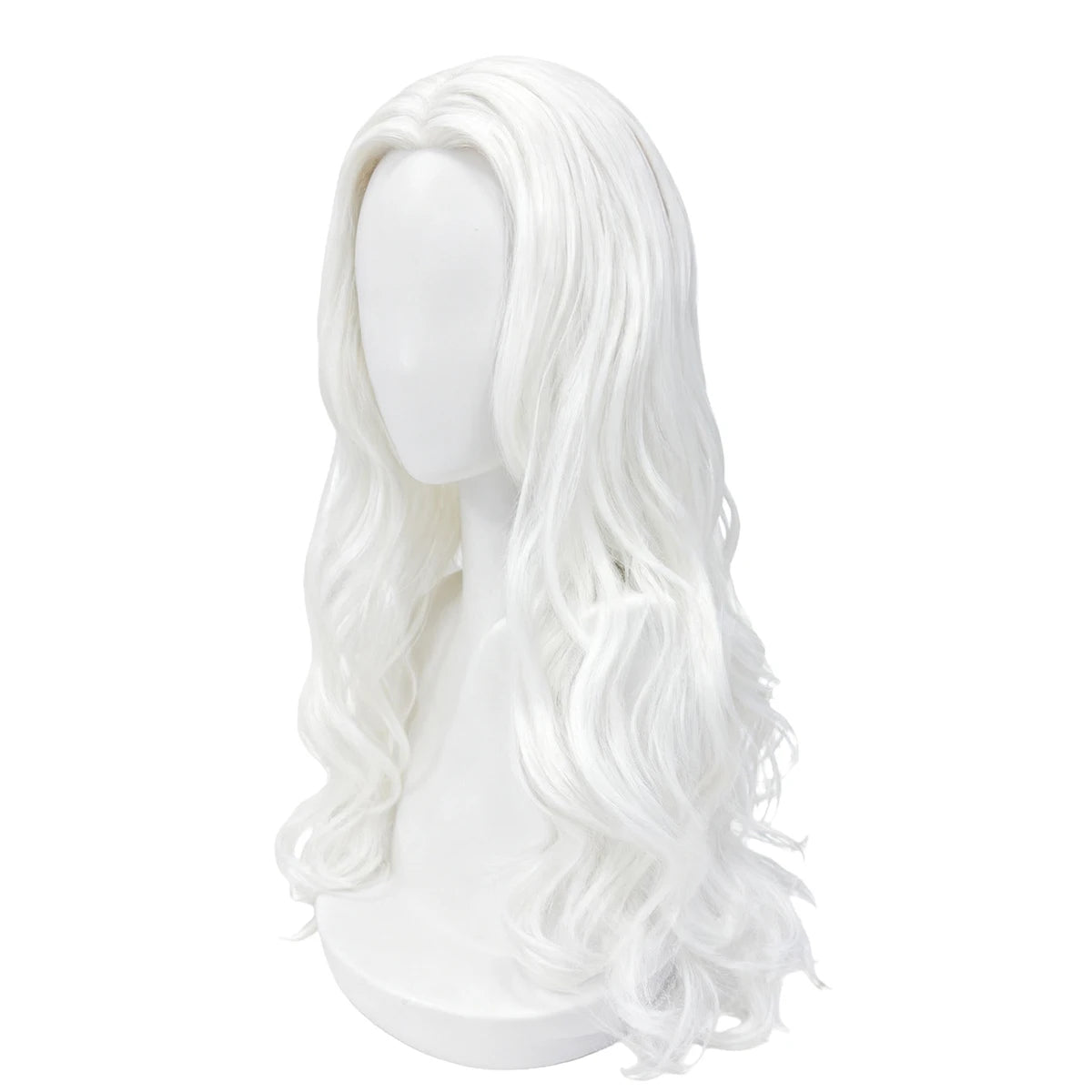 Pure White Premium Synthetic Fiber Long Curly Wig Big Waves Fluffy Voluminous Spiral Curls Middle Part with Bangs Heat Resistant Adjustable Cap for Women Girls Cosplay Party Halloween Costume Role Play Stage Show Photo Shoot