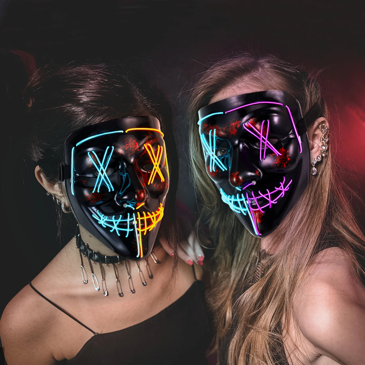 2-Pack LED Light-Up Purge Costume Masks, 3 Lighting Modes, Neon Glow Scary Face Masks for Halloween Cosplay & Masquerade Parties - Ice Blue + Blue/Red