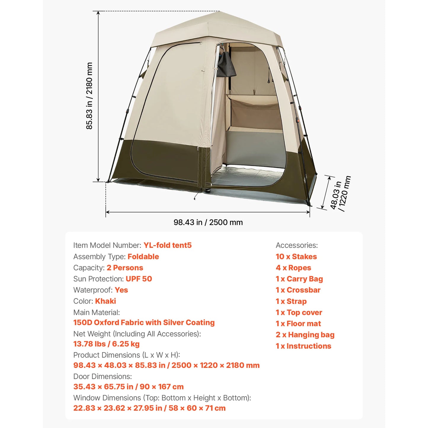SucceBuy Camping Shower Tent 1 Room Foldable Privacy Tent Changing Room with Ground Stakes Ropes Carry Bag and Crossbar