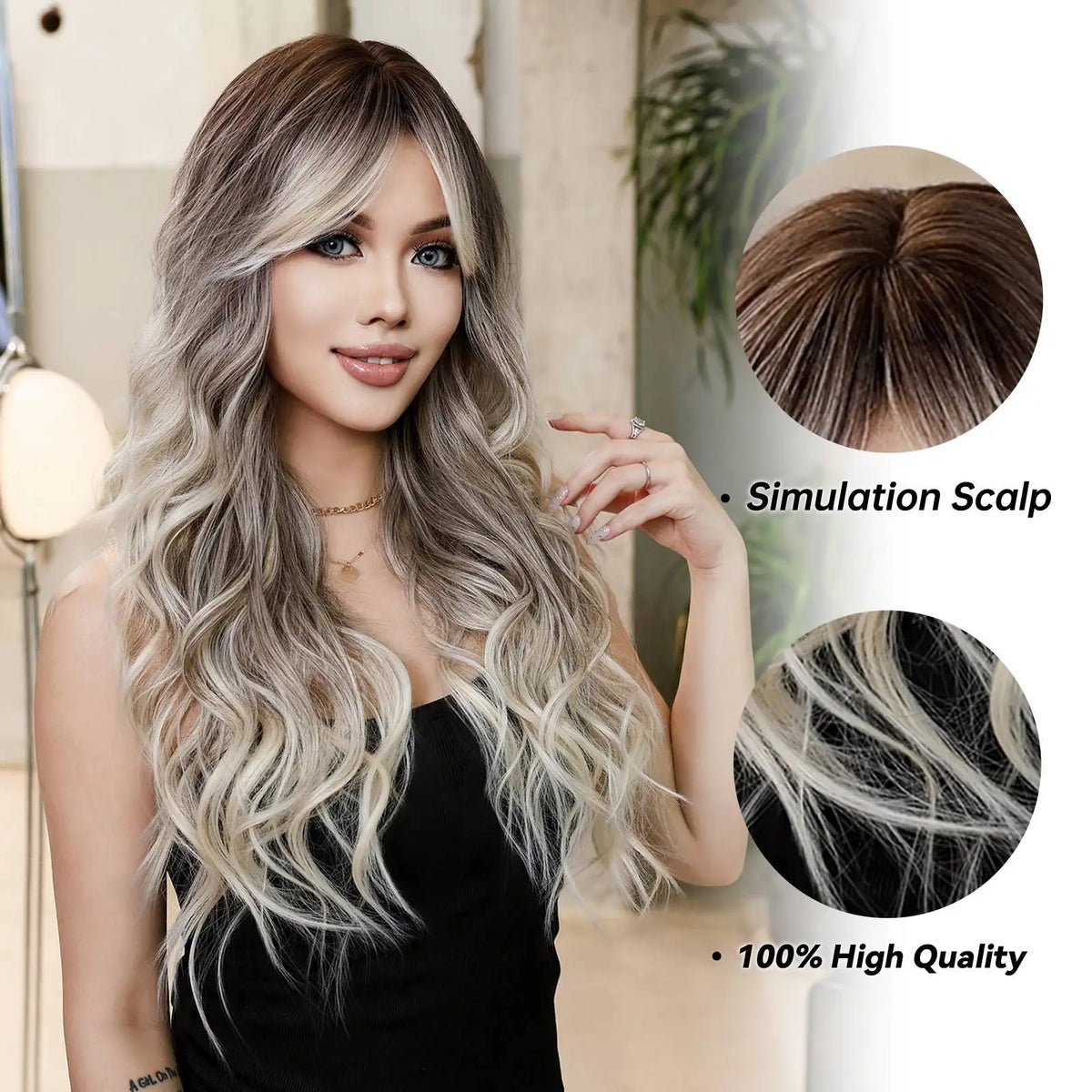 Halloween Wig TopShe Long Ombre Grey Ash Blonde Wavy Curly Synthetic Wig with Bangs Dark Roots Silver Blonde Heat Resistant Hair Wigs for Women Cosplay Costume Party Daily Wear Natural Looking Soft Full Hairpieces Fancy Dress