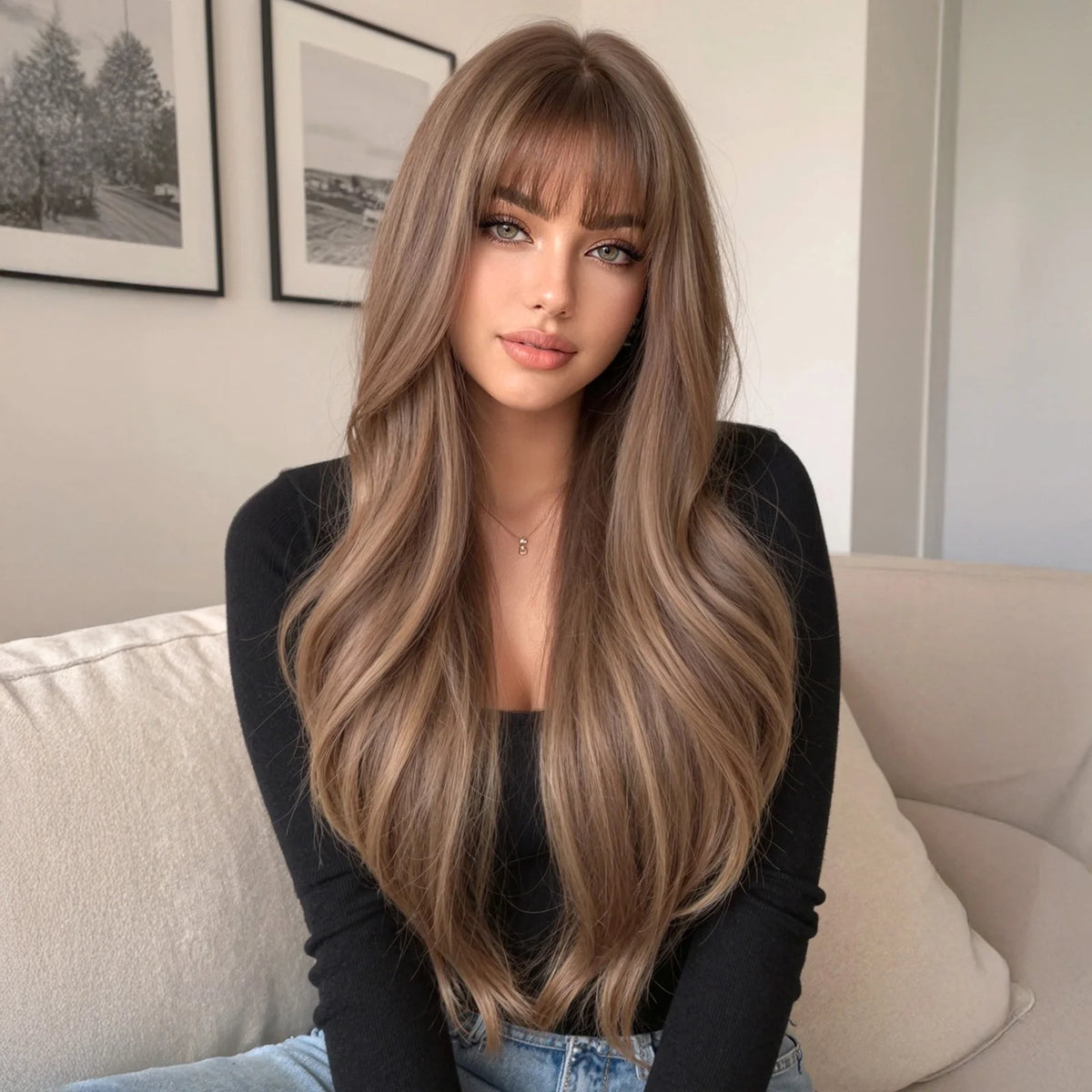 TopShe  28 Inch Long Wave Wig with Bangs for Woman Brown Synthetic Wig with Blonde Highlights Heat Resistant Loose Wave Daily Wear Natural Looking Ash Brown Layered Hair Soft Silky Natural Bio-Scalp Wigs