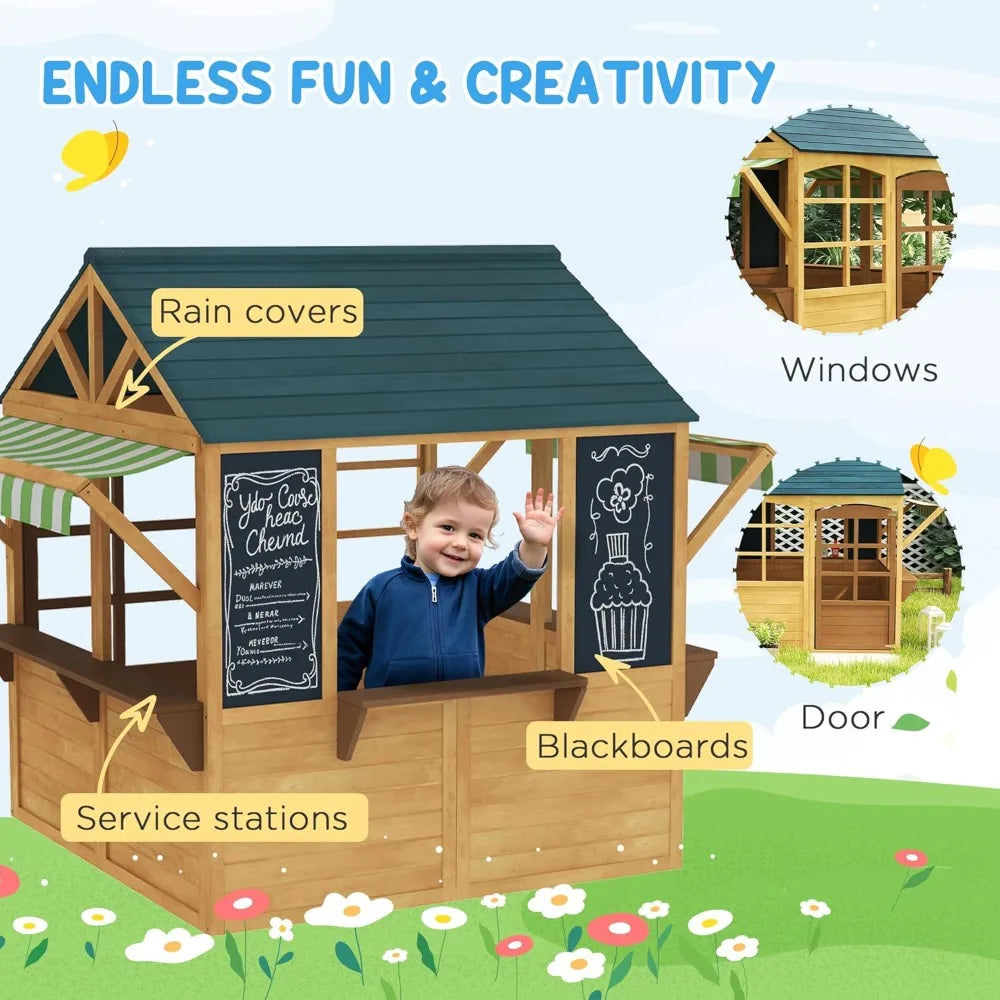 Foldable Outdoor Playhouse, Wooden Cabin with Windows, Hinged Door, Bar, and Waterproof Cover; Customizable