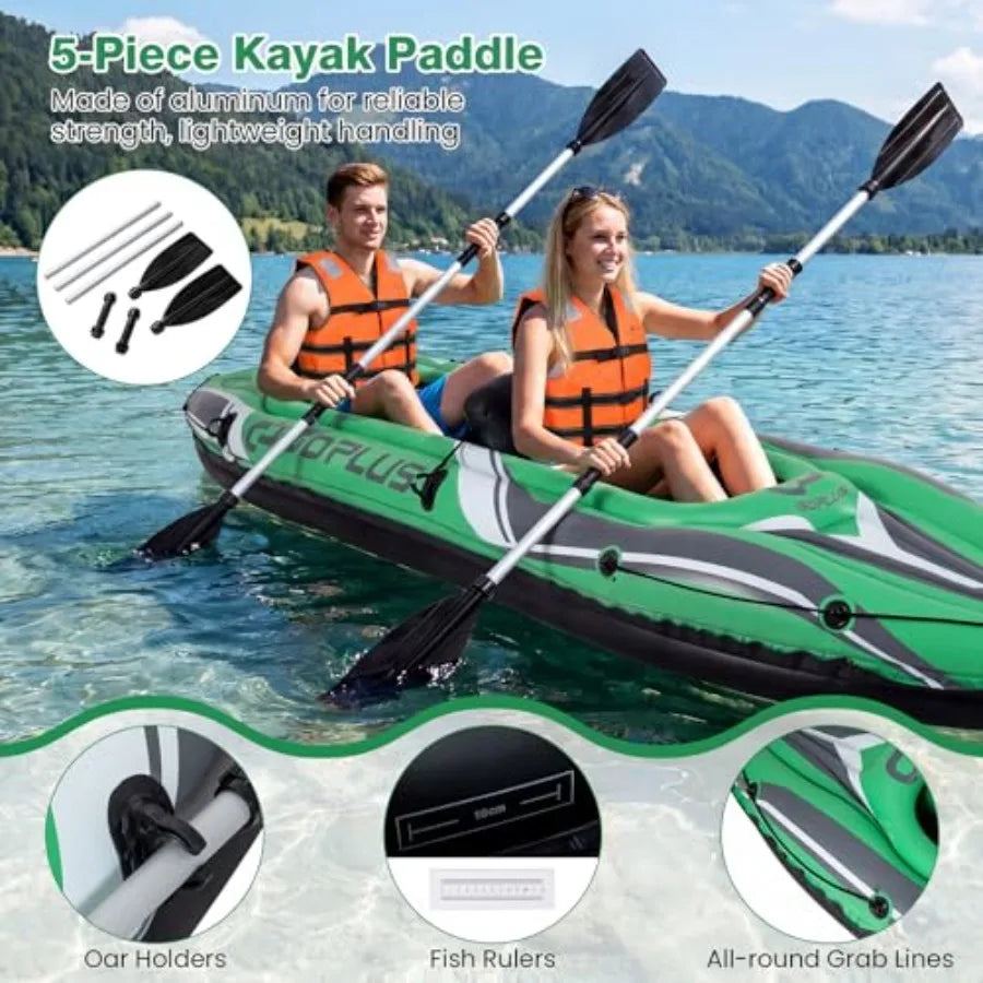 Inflatable Kayak For Lake And River Fishing, PVC Material, Blue And Gray, Durable Heavy-Duty Tandem Touring Design With Aluminu