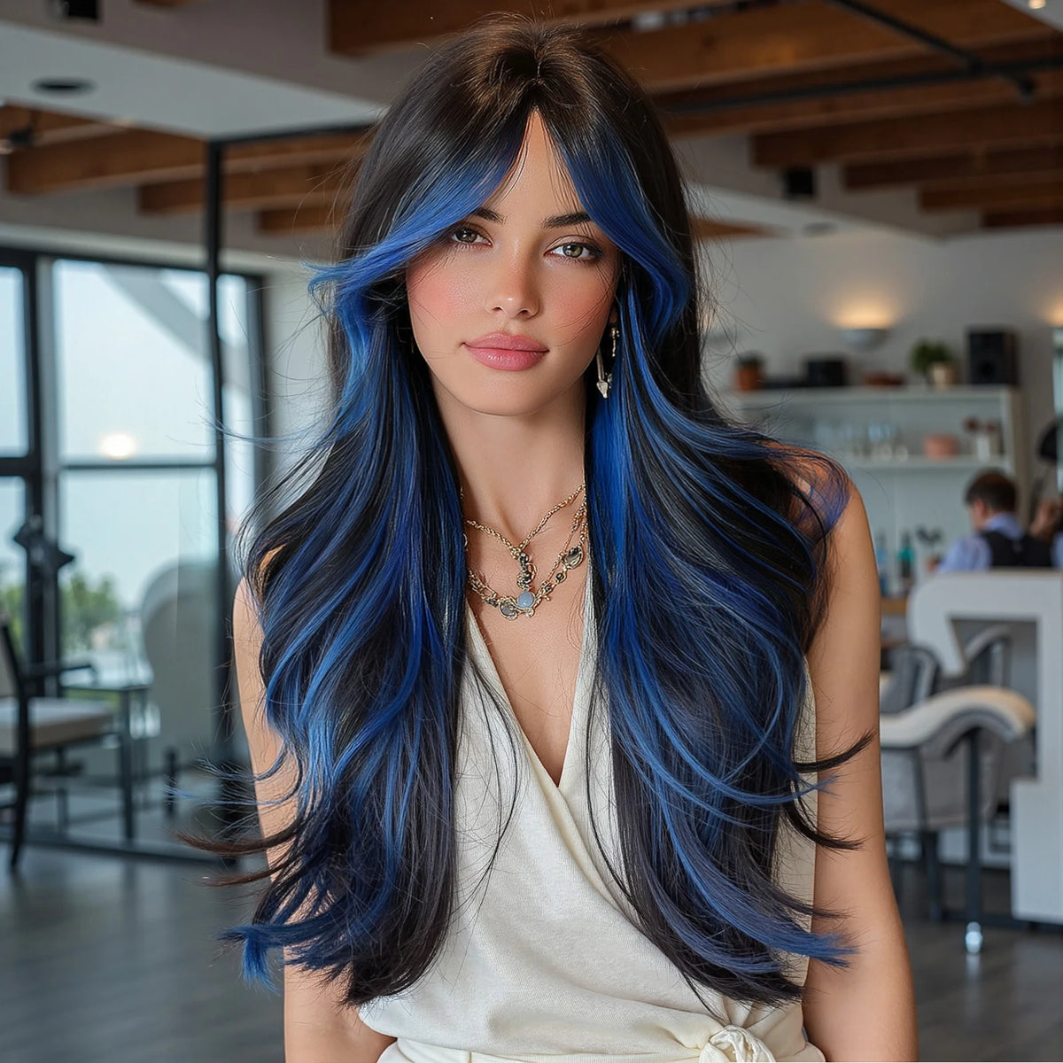 Halloween Wig Long Wavy Synthetic Wig Black and Blue Highlights 26 Inch Heat Resistant  Wigs for Women Black Wig with Blue Highlights Chemical Fiber Hair with Bangs Face Framing Cosplay Costume Party Goth Anime Daily Wear Sof