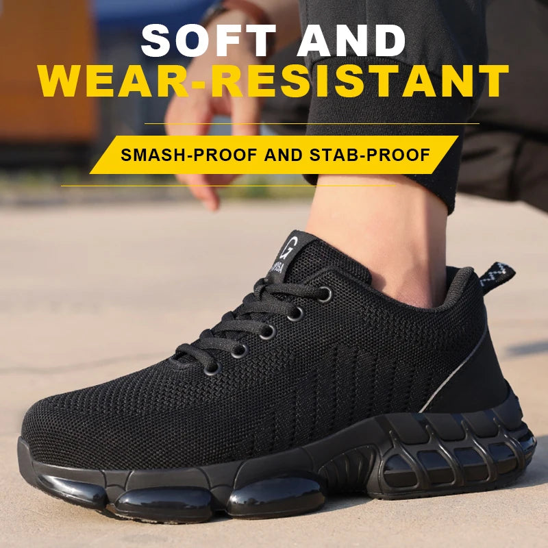 Men Safety Shoes Work Boots, Summer Solid Color Lightweight Breathable Steel Toe Anti-Smash Indestructible Tactical Work Sneakers