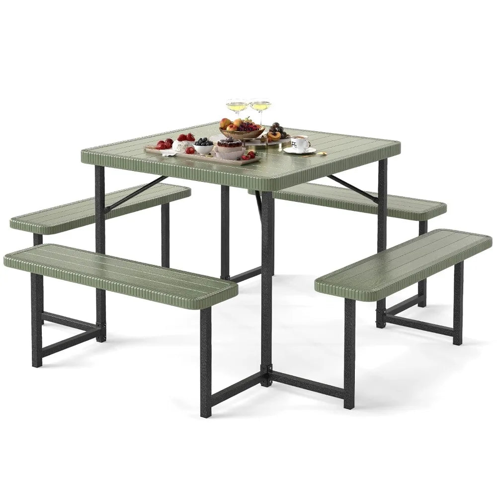 Picnic Table Bench Set for 4-8 People, 34" Outdoor Square Dining Table & 2 Benches W/Umbrella Hole, Customized