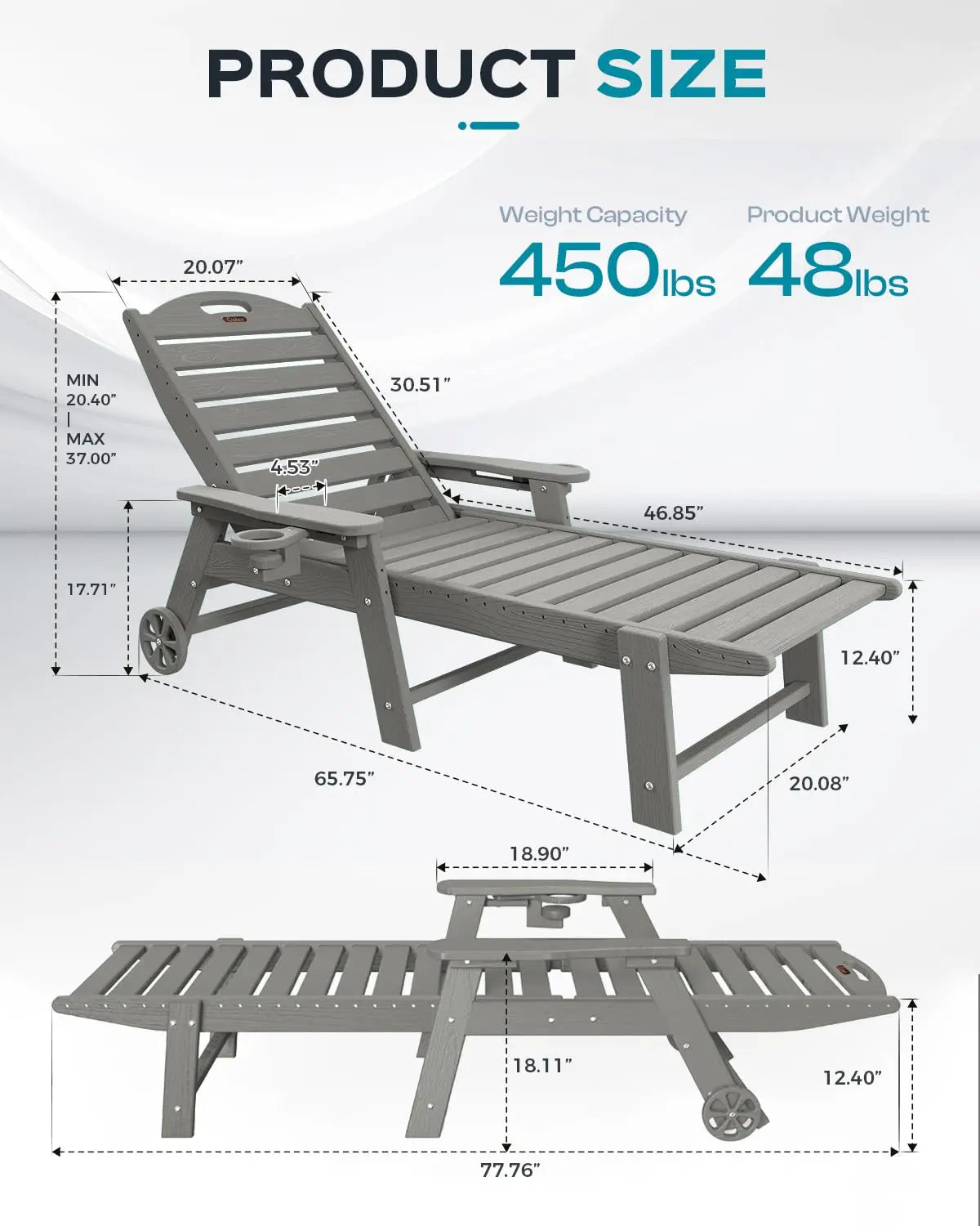Outdoor Lounge Chair Set of 4, All Weather Patio Chaise Lounge Chairs for Outside, HDPE Chair with Rolling Wheels &, Customized