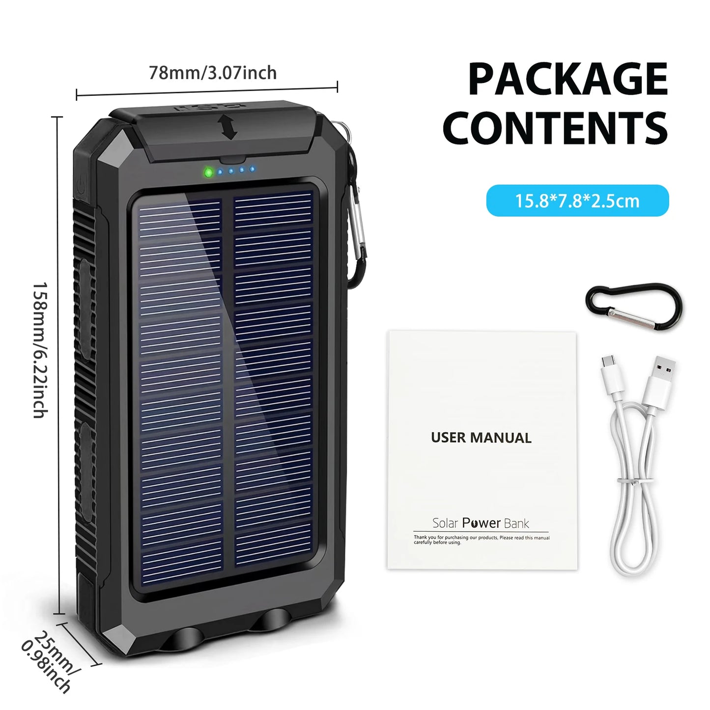 30000mAh Solar Power Bank Portable Dual 5V USB Ports 2 LED Light Flashlight Fast Charging for iPhone Samsung Tablets
