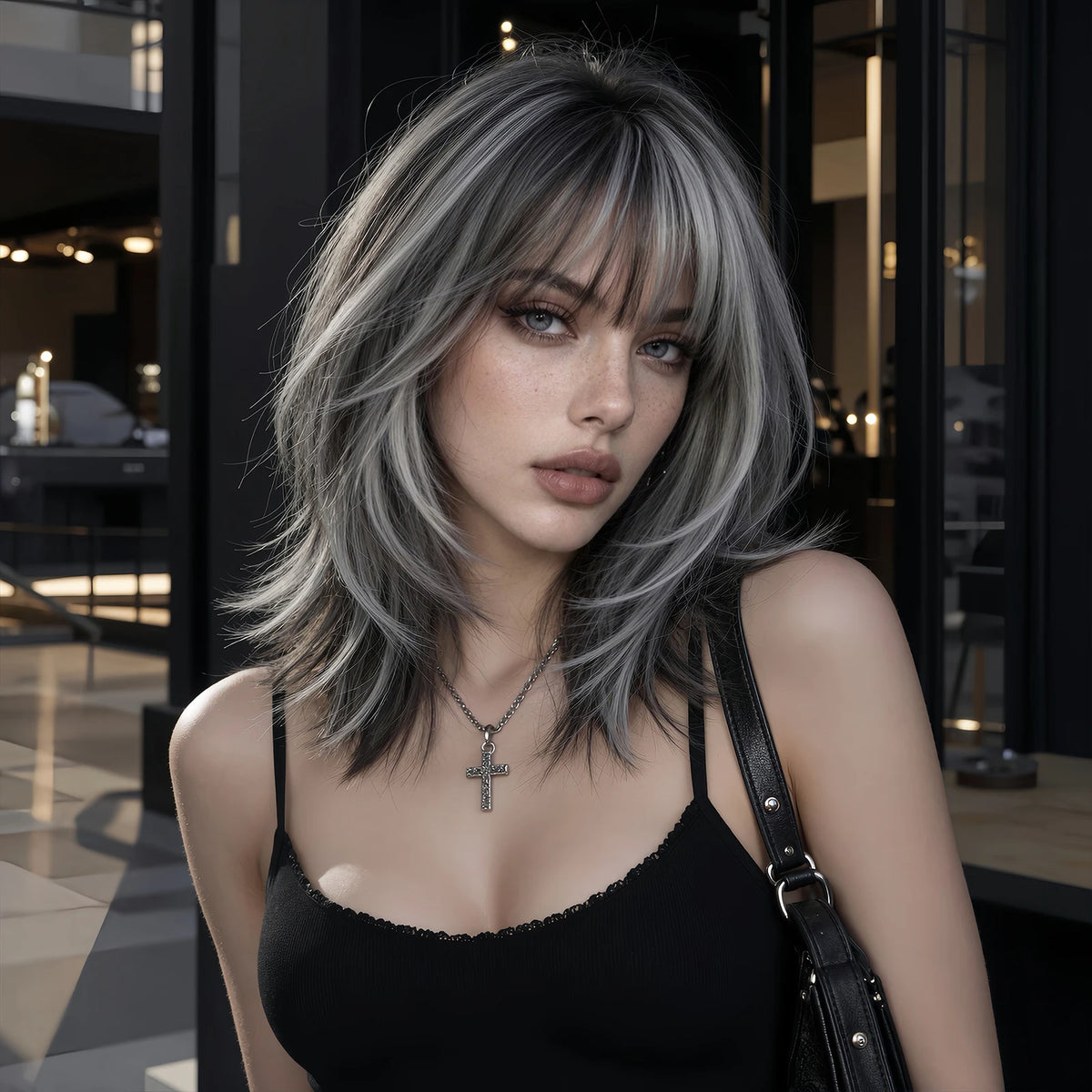 TopShe 18 inch Grey Wave Synthetic Wig Curly for Woman Shoulder Length Heat-Resistant Silver-Grey Hall Wig Layered Medium Length Shaggy Hair Wig Display Costume Party Daily Wear Natural Ash Grey Salt and Pepper Hairpiece Feat