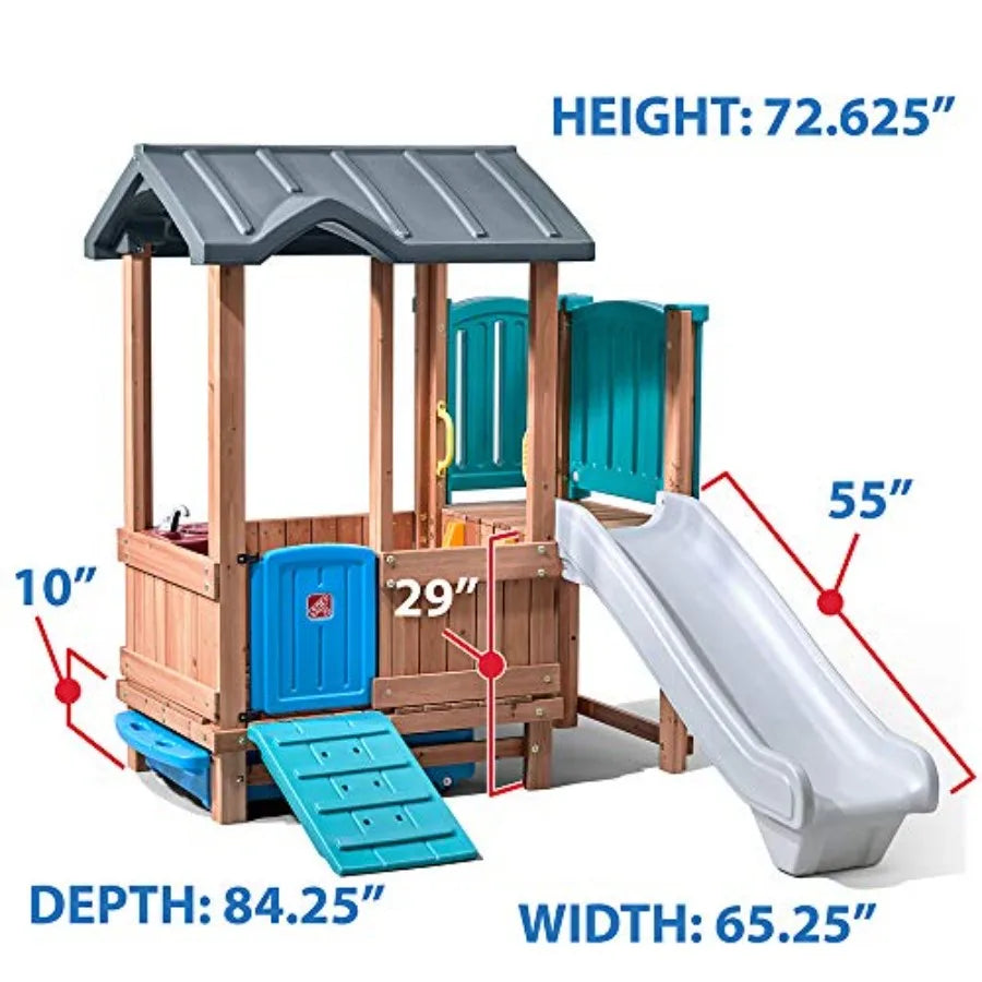 Woodland Adventure Playhouse & Slide, Kids Outdoor Playset, Backyard Playground Set, Swings, Storage Drawer, Made of Wood & Dura