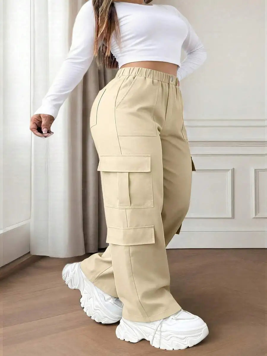 Olive Green Button Pocket Elegant Casual Commute Minimalist Cute Y2K Loose Straight Leg Non-Stretch Lightweight Plus Size Cargo