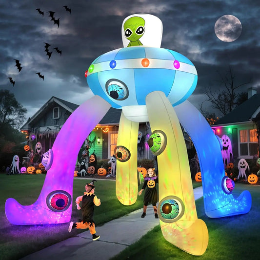 12FT Alien UFO Archway Inflatable for Halloween, Giant Blow Up Arch with Colorful Flashing Lights, Scary Outdoor Garden Yard Decoration