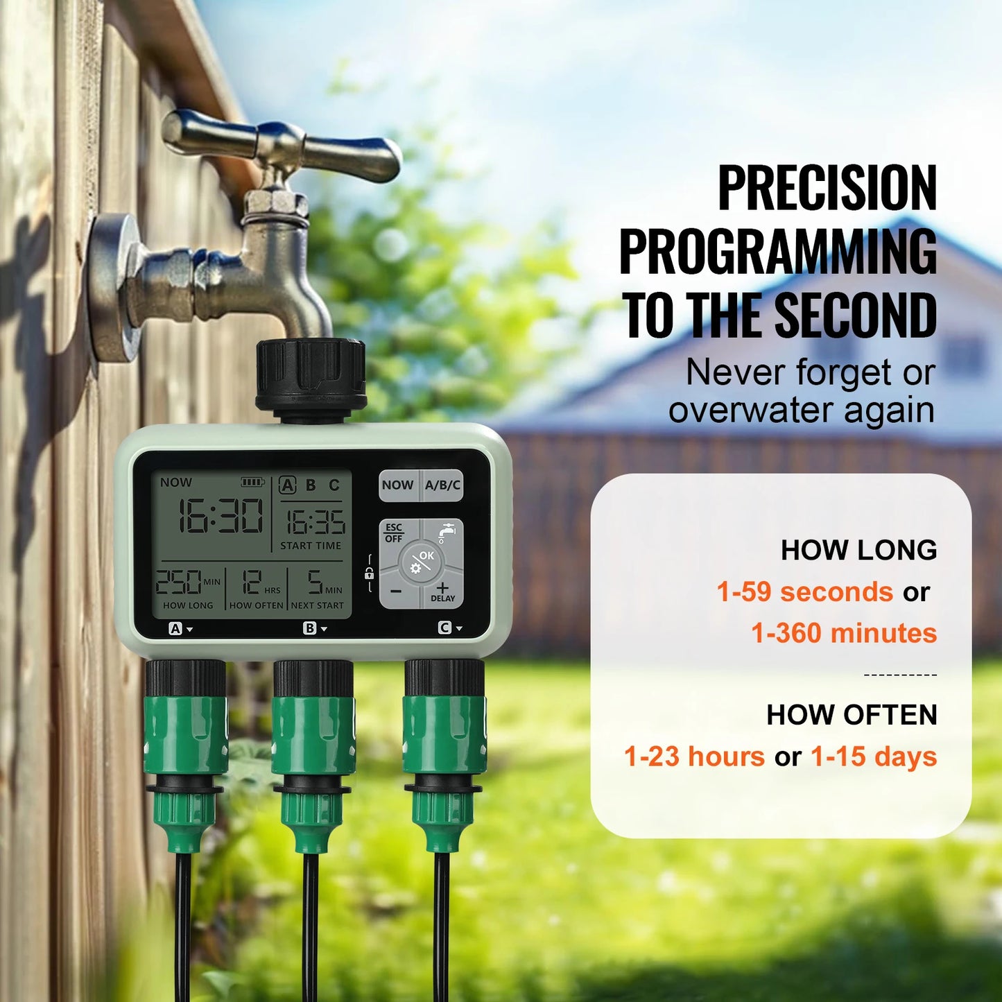 Water Timer 3 Outlets Hose 3 Independent Watering Zone LCD Display Rain Delay Mode Manual Mode Watering Sprinkler Timer