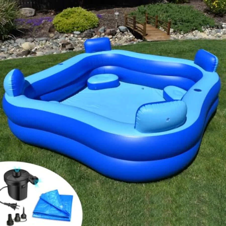 Inflatable Pool Bundle with Seats Headrests - 8ft x 8ft - Electric Pump and Ground Tarp Included - Fast Setup and Reinforced Seats